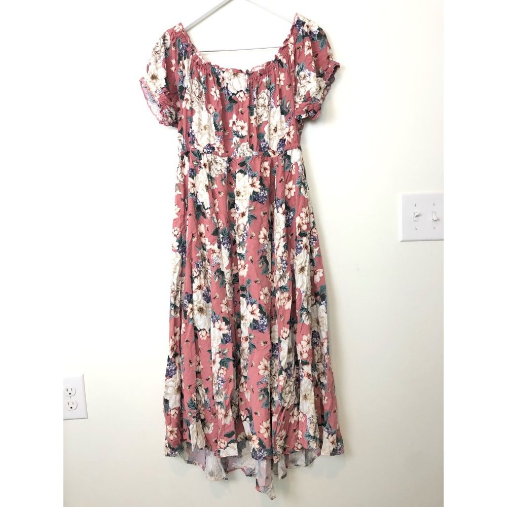 Torrid Off Shoulder Challis Floral Midi Dress Pink - Picture 2 of 6